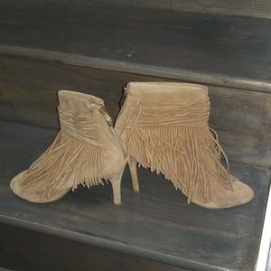 Tan Fringe Peeptoe Booties
